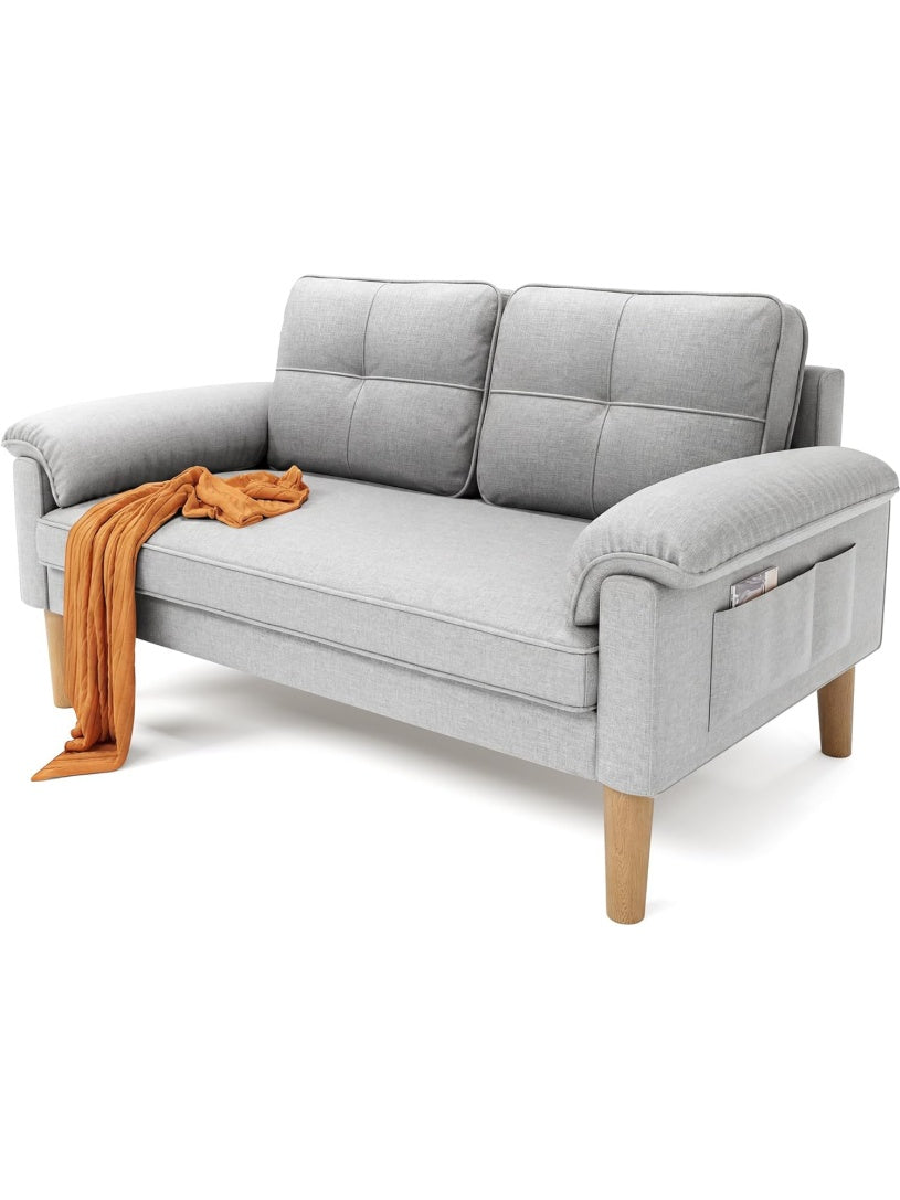 Mala kanapa 2-osobowa z wygodnym podlokietnikiem i praktyczna kieszenia boczna, sofa z tkaniny do domu i biura, 145 x 77 x 77 cm, jasnoszara