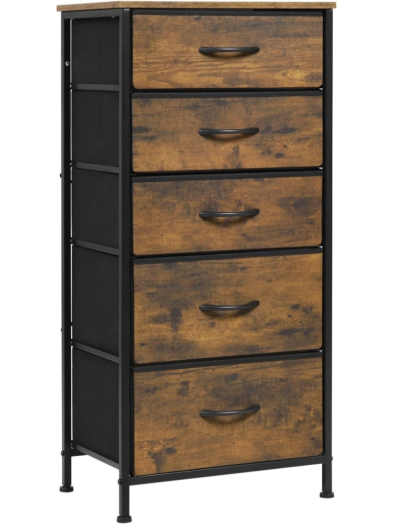 Komoda z 5 materialowymi szufladami, szafka do przechowywania z metalowa rama i wykonczeniem w stylu drewna vintage, czarna