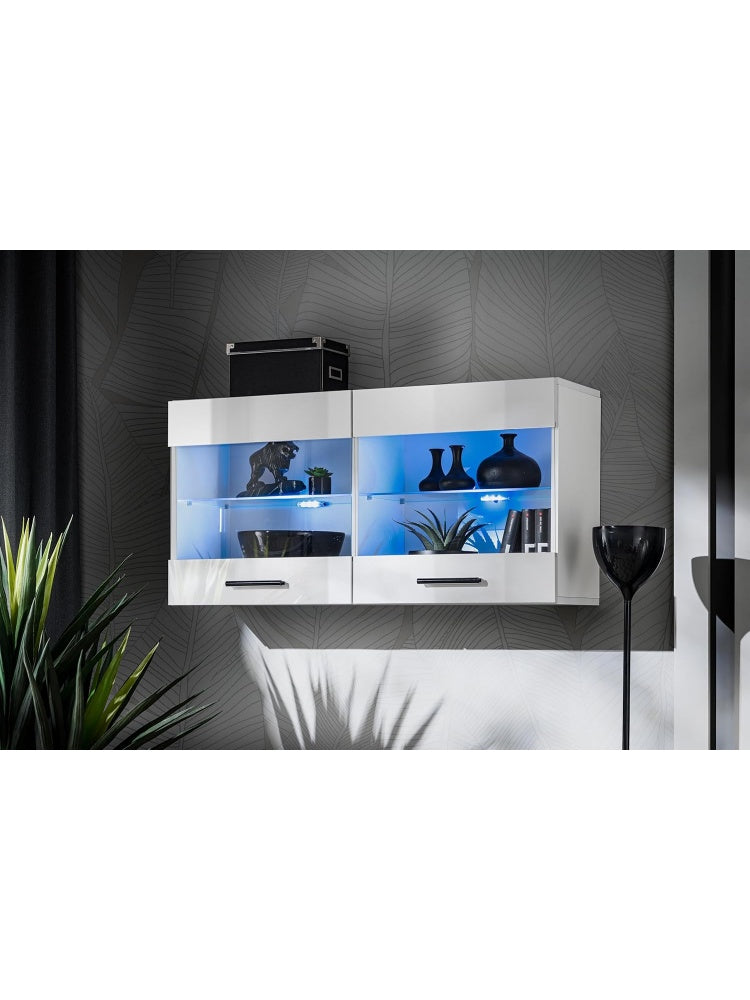 Wiszaca witryna z 2 szklanymi polkami, 100 50 30 cm, biala szafka do salonu lub kuchni, bez oswietlenia LED
